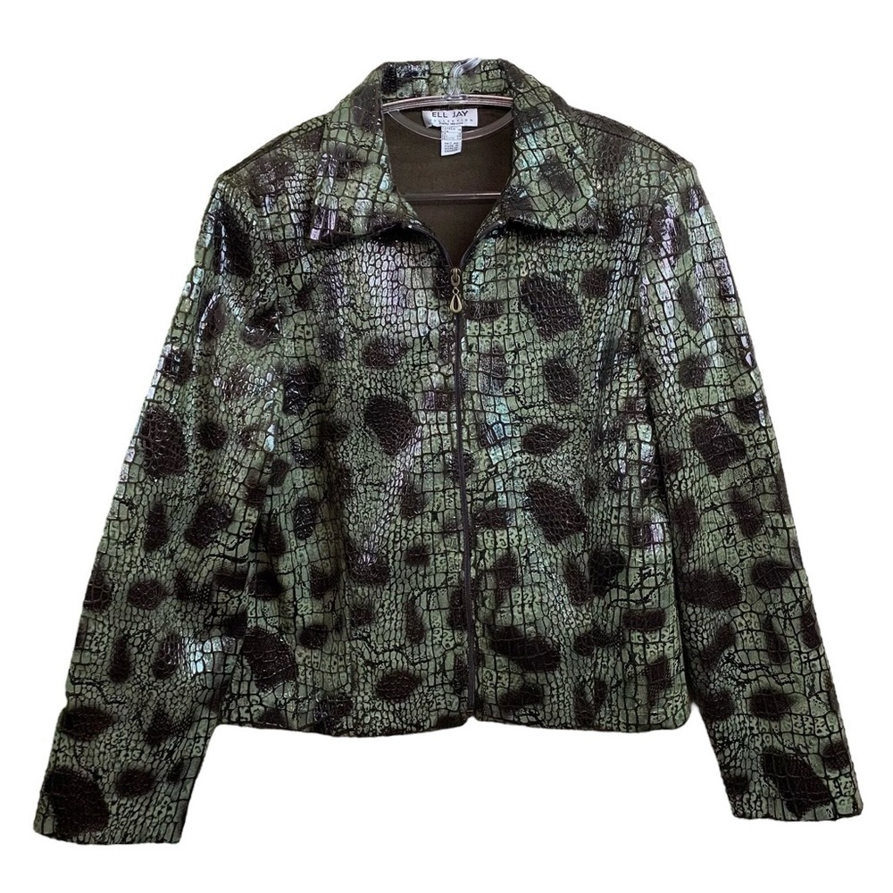 Ell Jay Animal Print Shiny Fleece Zip Jacket Sage Green Brown Size 14